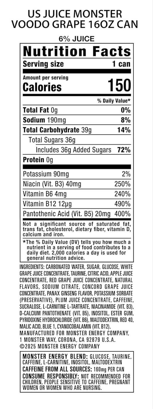 Monster Energy Juice Voodoo Grape, Energy + Juice, Energy Drink, 16 Ounce (Pack of 15)