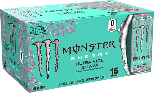 Monster Energy Ultra Vice Guava, Sugar Free Energy Drink, 16 Ounce (Pack of 15) | Pack of 15