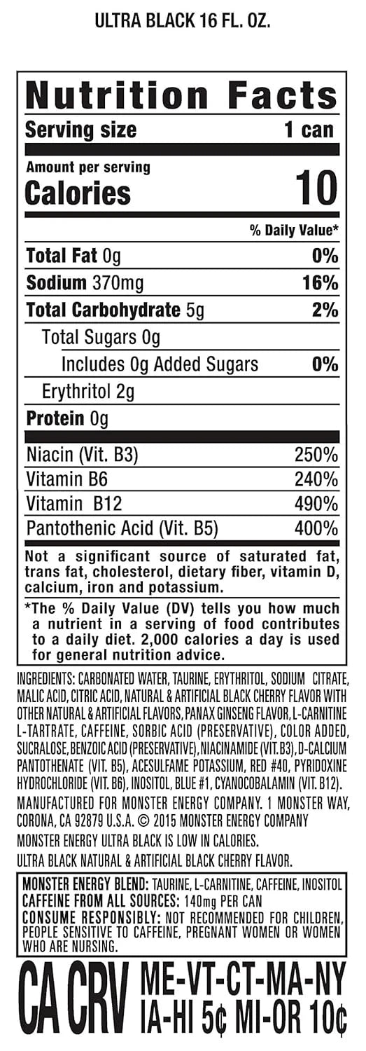 Monster Energy Ultra Black, Sugar Free Energy Drink, 16 Ounce | Pack of 15