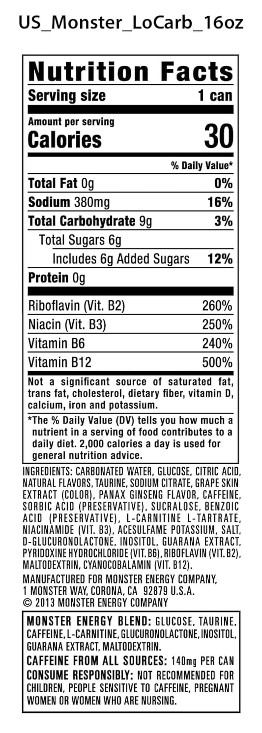 Monster Energy, Lo-Carb Monster, Low Carb Energy Drink, 16 Ounce | Pack of 15