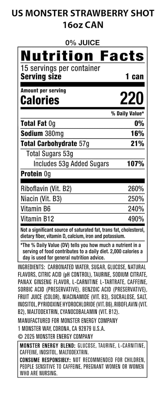 Monster Energy Strawberry Shot, Green, Original, Energy Drink, 16 Ounce (Pack of 15)