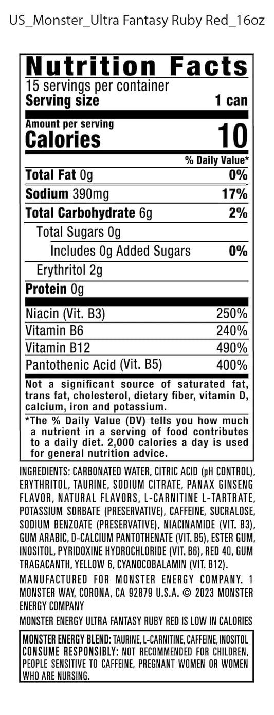 Monster Energy Ultra Fantasy Ruby Red, Sugar Free Energy Drink, 16 Ounce | Pack of 15