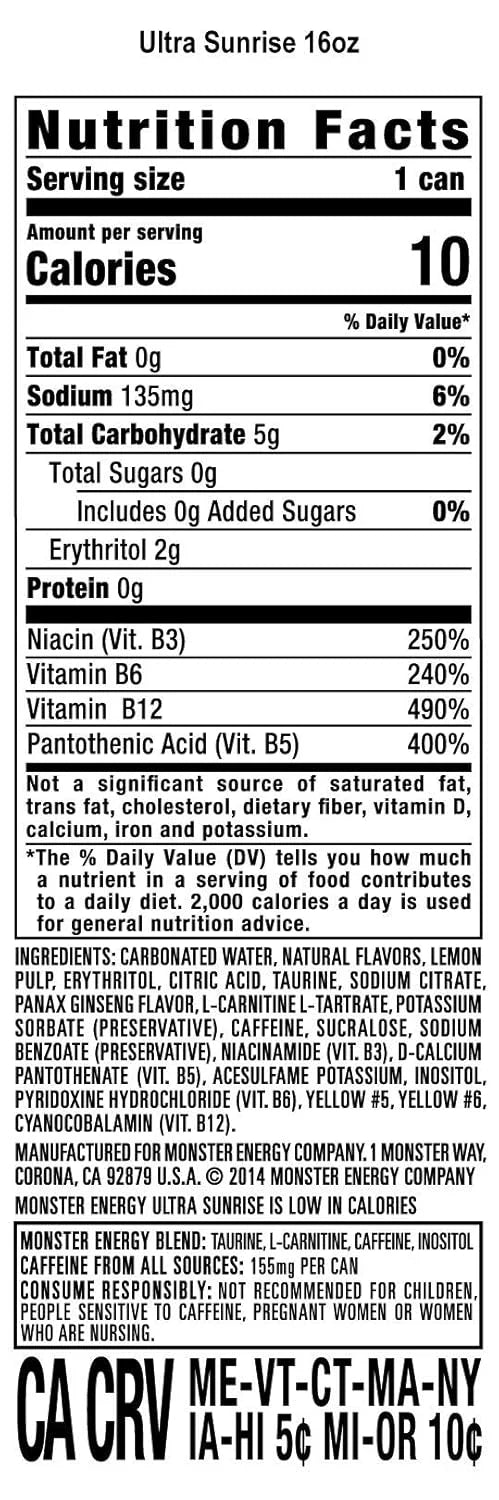 Monster Energy Ultra Sunrise, Sugar Free Energy Drink, 16 Fl Oz | Pack of 15
