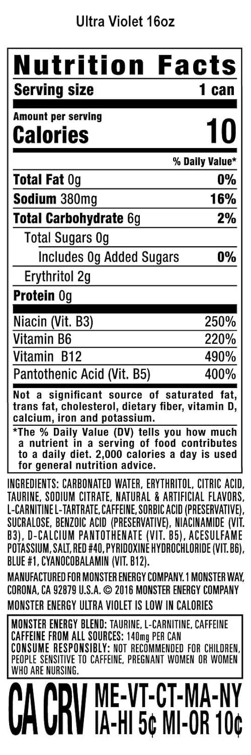 Monster Energy Ultra Violet, Sugar Free Energy Drink, 16 Ounce | Pack of 15
