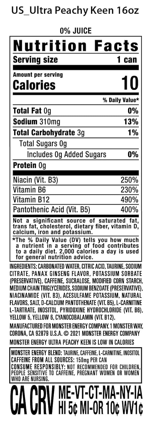 Monster Energy Ultra Peachy Keen, Sugar Free Energy Drink, 16oz | Pack of 24